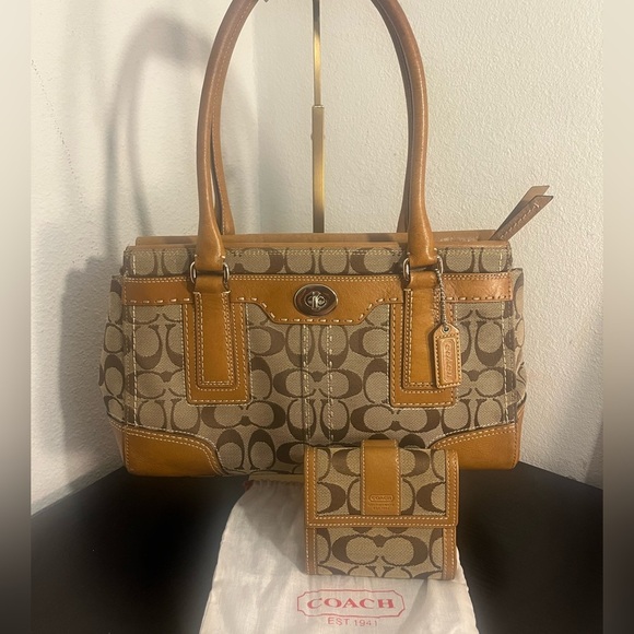 Coach Brown and Tan Signature Jacquard Satchel and Matching Wallet - Picture 1 of 11